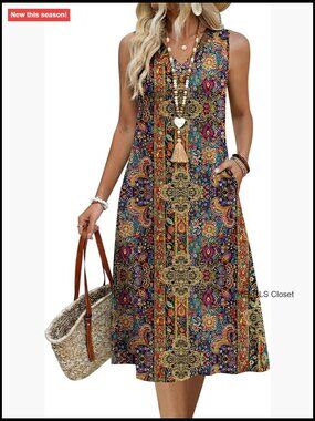 Sleeveless V Neck Midi Sundress with Pockets Casual Beach Vacation Dress
